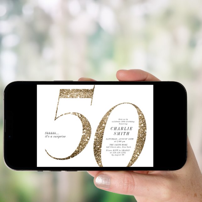Modern minimalist faux gold glitter 50th birthday invitation (Front Digital)