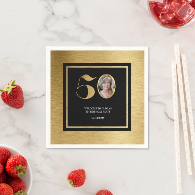 Modern minimalist faux gold glitter 50th birthday napkins (Insitu)