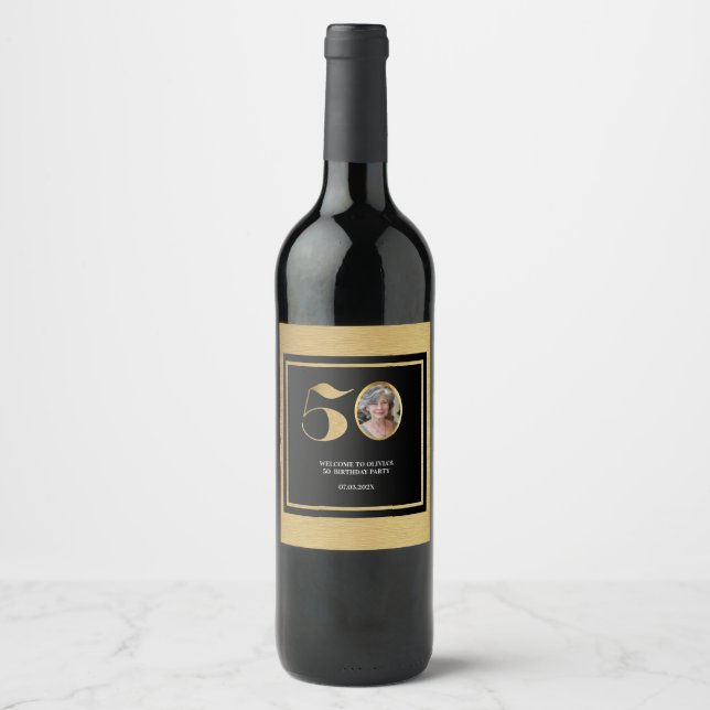 Modern minimalist faux gold glitter 50th birthday wine label (Front)