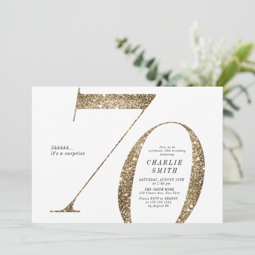 Modern minimalist faux gold glitter 70th birthday invitation | Zazzle