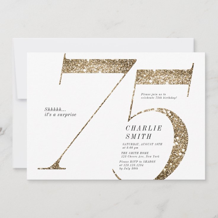 Modern minimalist faux gold glitter 75th birthday invitation | Zazzle