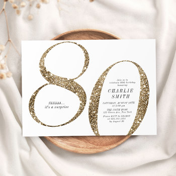 Modern Minimalist Faux Gold Glitter 80th Birthday Invitation by AvaPaperie at Zazzle