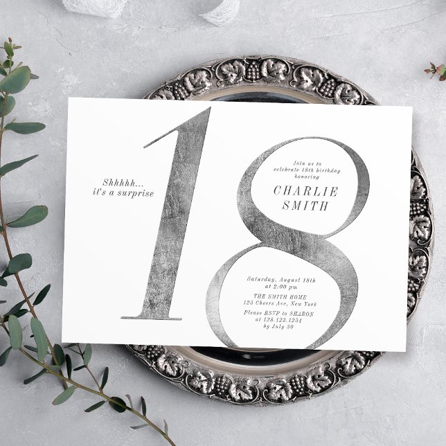 Modern minimalist faux silver 18th birthday invitation (Modern minimalist faux silver 18th birthday invitation)