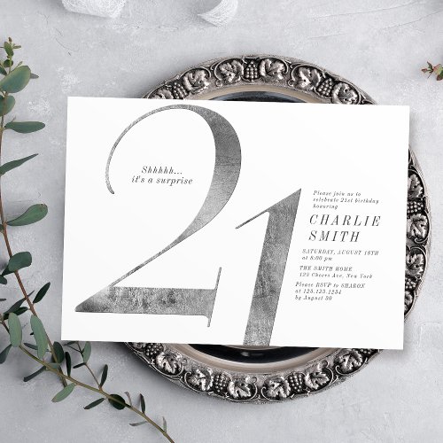 Modern minimalist faux silver 21st birthday invitation
