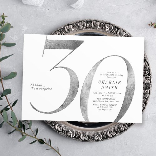 Modern minimalist faux silver 30th birthday invitation
