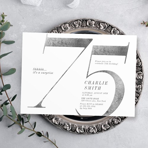 Modern minimalist faux silver 75th birthday invitation