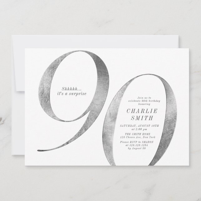 Modern minimalist faux silver 90th birthday invitation (Front)