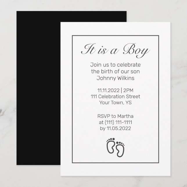 Modern Minimalist Feet Baby Boy Birth Celebration Invitation (Front/Back)