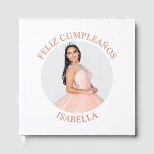 Modern Minimalist Feliz Cumpleaños Round Photo Foil Guest Book