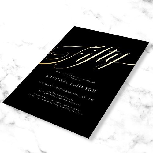 Modern Minimalist Fifty Black Gold 50th Birthday Foil Invitation