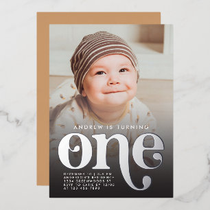 Modern Minimalist First Birthday Photo Rose Gold Foil Invitation