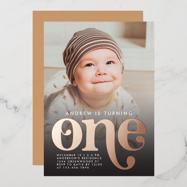Modern Minimalist First Birthday Photo Rose Gold Foil Invitation (Front/Back)