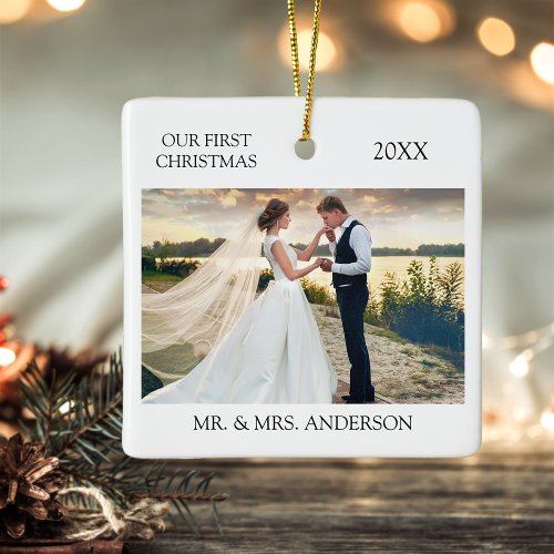 Modern Minimalist First Christmas Photo Wedding Ceramic Ornament