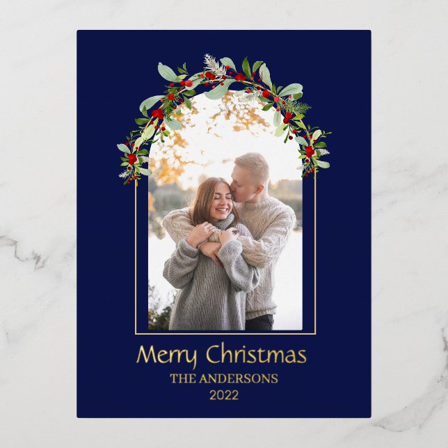 Modern Minimalist Floral Arch Photo Blue Foil Holiday Postcard (Front)