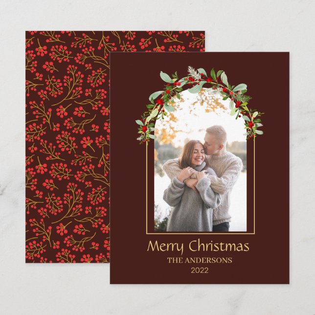 Modern Minimalist Floral Arch Photo Brown  Holiday Card (Front/Back)