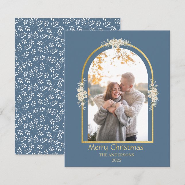 Modern Minimalist Floral Arch Photo Gray Holiday Card (Front/Back)