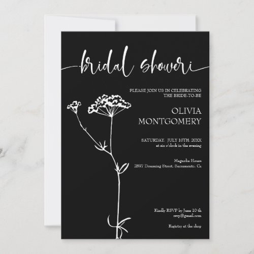  Modern Minimalist Floral Black  Bridal Shower Invitation