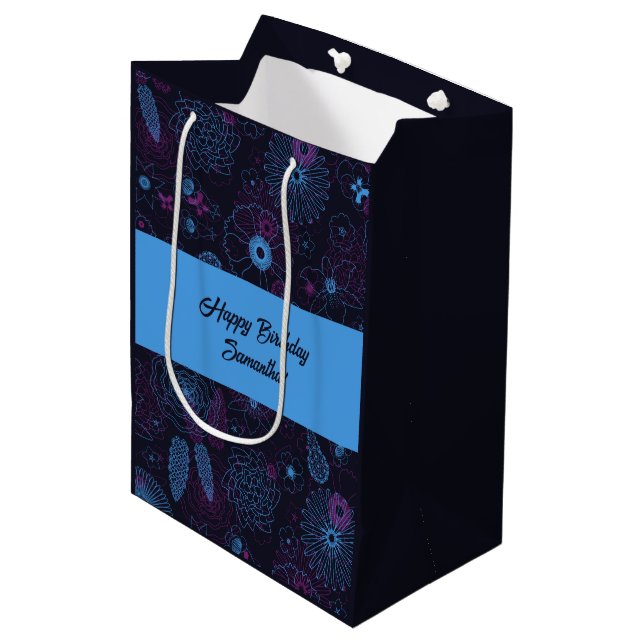 Modern Minimalist Floral Blue & Purple Pattern  Medium Gift Bag (Front Angled)