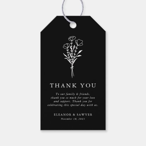 Modern Minimalist Floral Bouquet Black Wedding Gift Tags