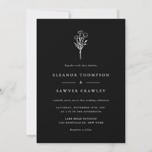Modern Minimalist Floral Bouquet Black Wedding Invitation