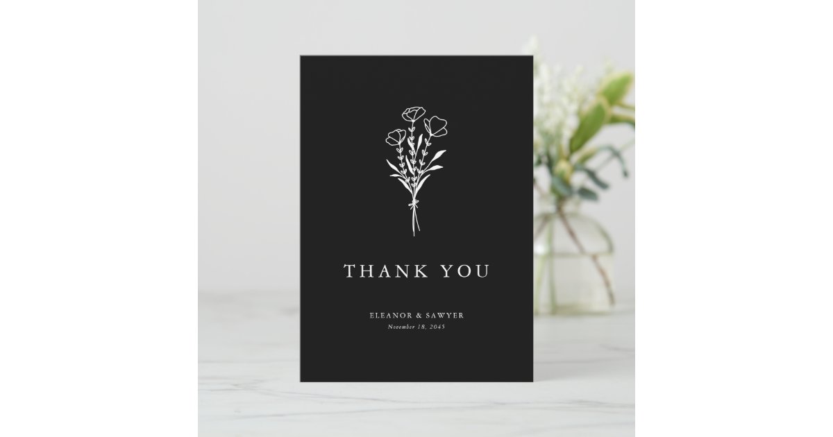 Modern Minimalist Floral Bouquet Black Wedding Thank You Card | Zazzle