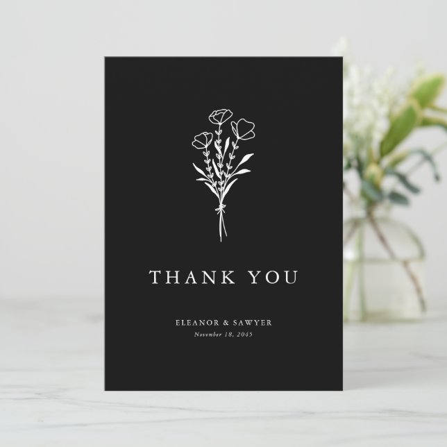 Modern Minimalist Floral Bouquet Black Wedding Thank You Card (Standing Front)