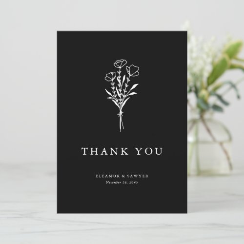 Modern Minimalist Floral Bouquet Black Wedding Thank You Card