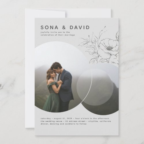 Modern Minimalist Floral Grey Wedding Photo Invitation