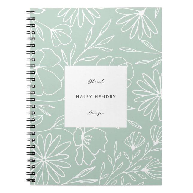 Modern Minimalist Floral Line Pattern Green Notebook (Front)