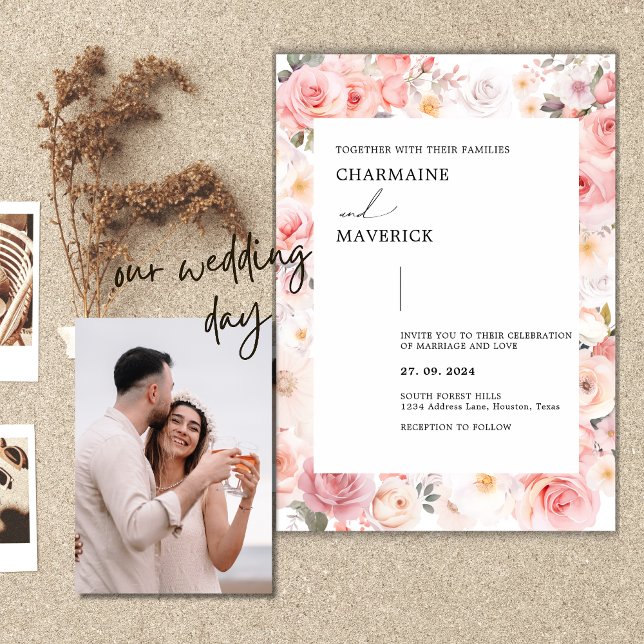 Modern Minimalist Floral Pink Wedding Invitation (Creator Uploaded)