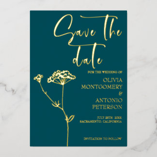 Modern Minimalist Floral Teal Save the date Foil Invitation