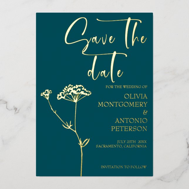 Modern Minimalist Floral Teal Save the date Foil Invitation (Front)