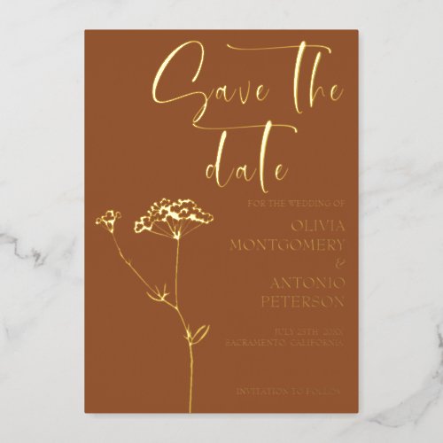 Modern Minimalist Floral Terracotta Save the date Foil Invitation