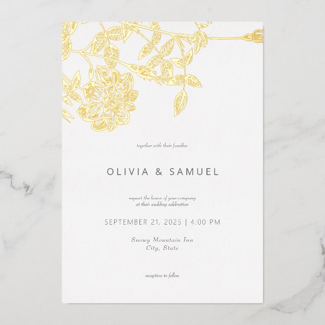 Modern Minimalist Floral Wedding Gold Foil Invitation (Front)