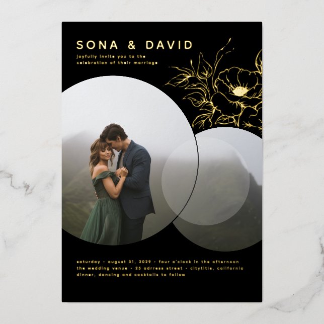Modern Minimalist Floral Wedding Photo Foil Invitation (Front)