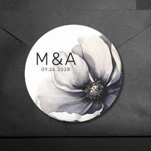Modern Minimalist Flower Black White Wedding Classic Round Sticker