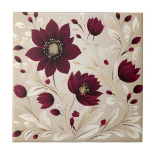 Modern Minimalist Flowers In Burgundy Ceramic Tile