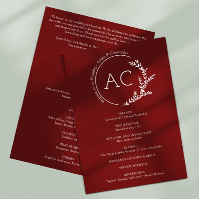 Modern Minimalist Foliage Crimson Red Wedding Program (Creator Uploaded)
