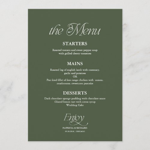 Modern Minimalist Forest Green Wedding Menu
