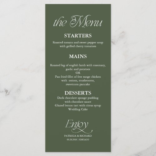 Modern Minimalist Forest Green Wedding Menu