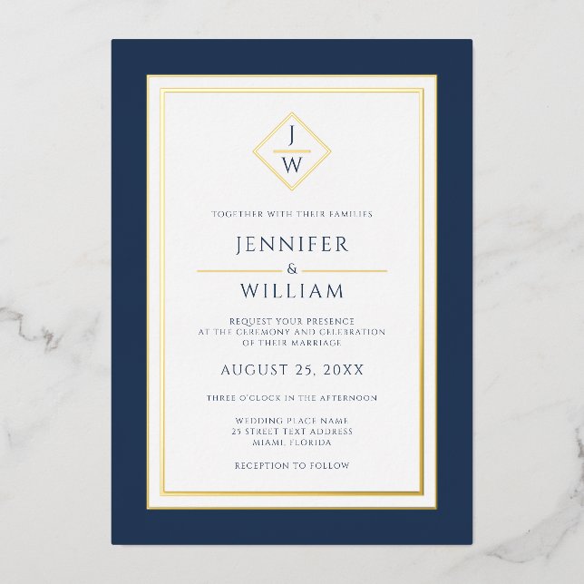 Modern Minimalist Formal Classic Initial Blue Foil Invitation (Front)