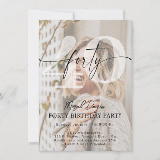 Modern Minimalist FORTY 40th Birthday Party Photo Invitation