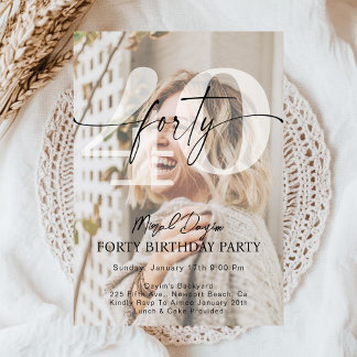 Modern Minimalist FORTY 40th Birthday Party Photo Invitation