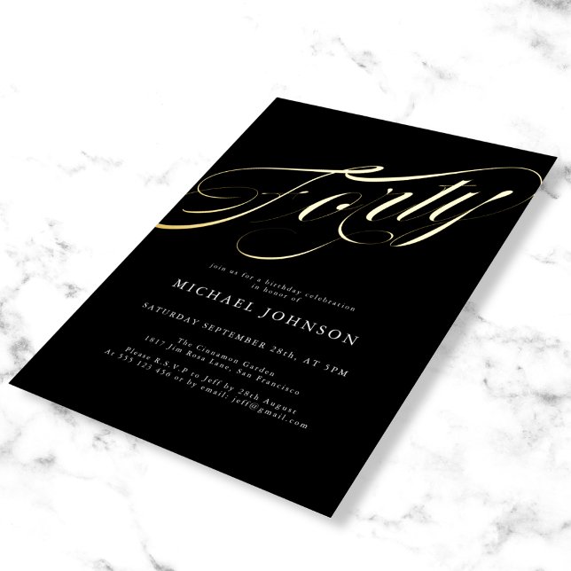 Modern Minimalist Forty Black Gold 40th Birthday Foil Invitation (Mockup view)