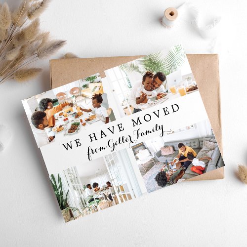 Modern Minimalist Four Photo We Have Moved Moving Announcement Postcard