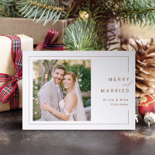 Modern Minimalist Frame Merry and Married Holiday Letterpress Photo Cards