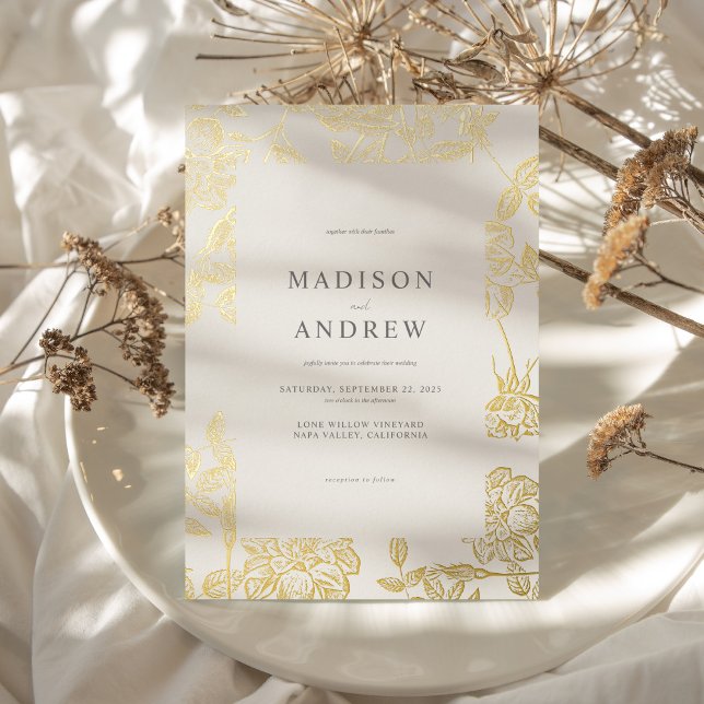 Modern Minimalist Gilded Floral Wedding Foil Invitation (Creator Uploaded)
