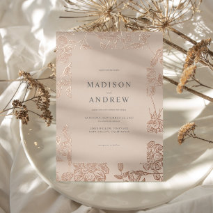 Modern Minimalist Gilded Rose Gold Floral Wedding Foil Invitation