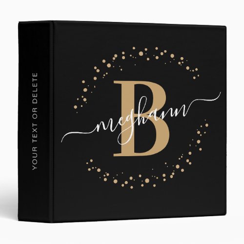 Modern Minimalist Girly Black Gold Name Monogram 3 Ring Binder