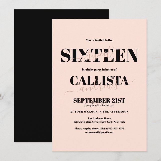 Modern Minimalist Girly Blush Pink Black Sweet 16 Invitation (Front/Back)